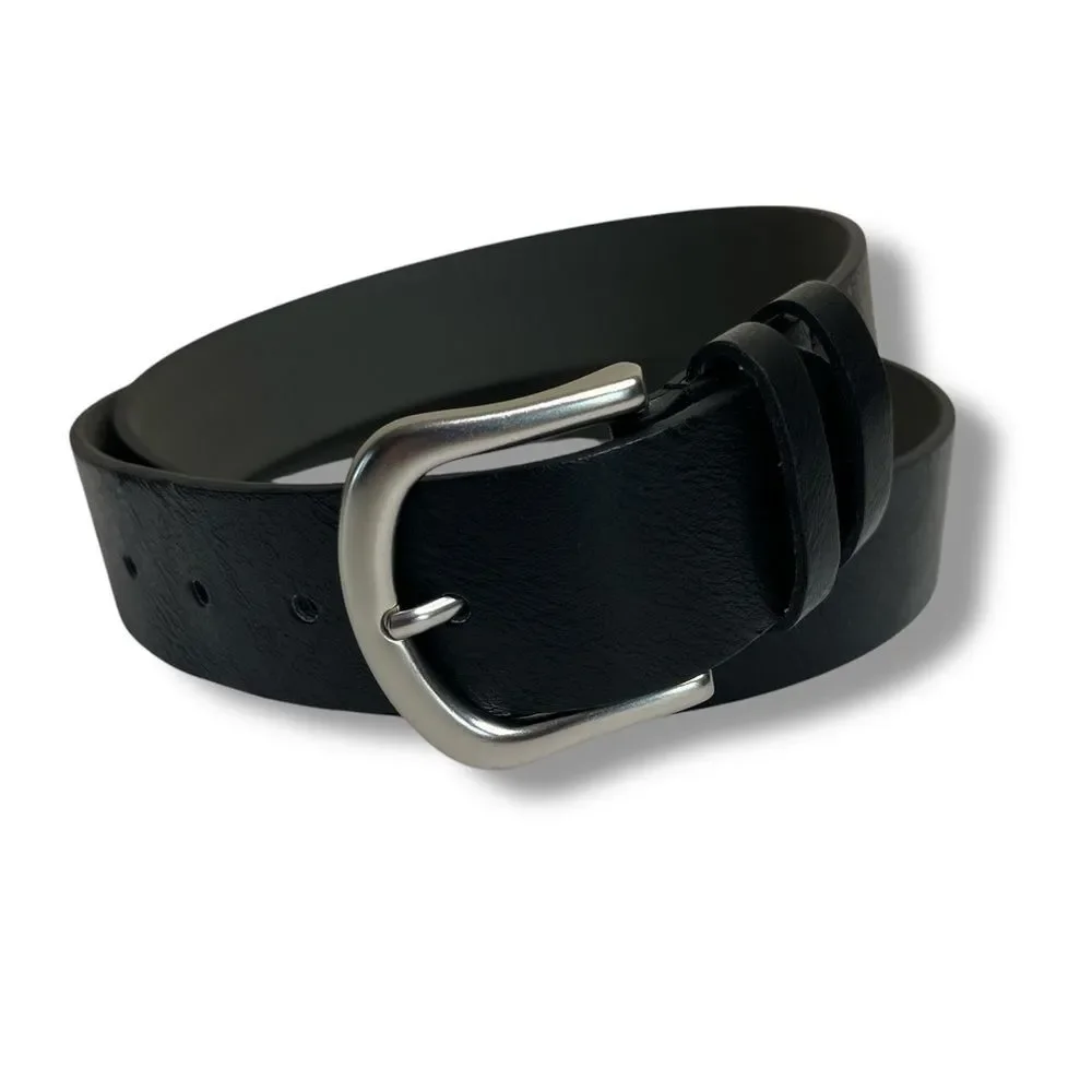 Faux Leather Black Belt Silver Buckle Classic Basic Simple 1.5